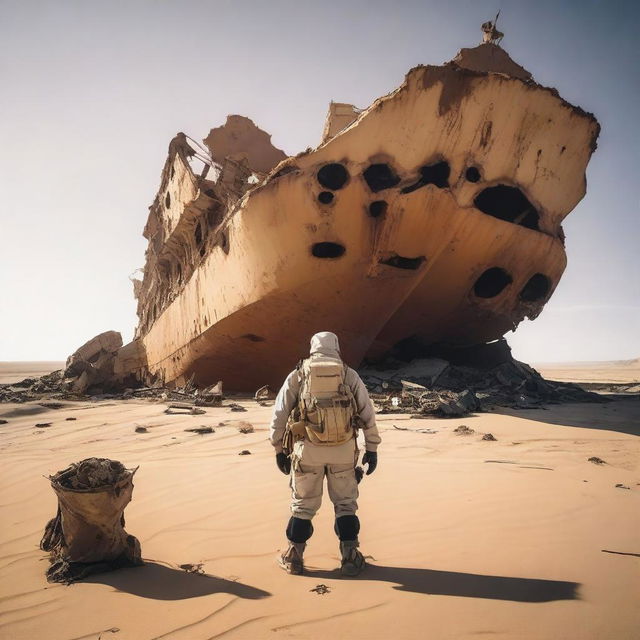 An explorer, dressed in sun-protective clothing with a backpack and desert gear, stands before the ravaged remains of a huge cargo ship