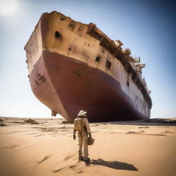 An explorer, dressed in sun-protective clothing with a backpack and desert gear, stands before the ravaged remains of a huge cargo ship