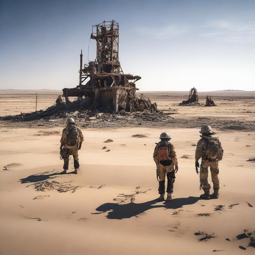 A team of explorers, equipped with survival gear, survey the abandoned wreckage of an old oil field