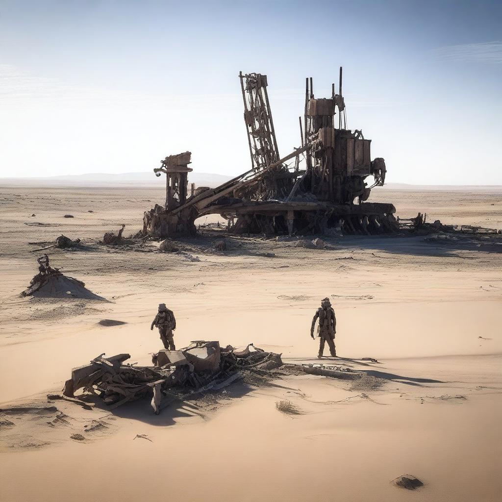 A team of explorers, equipped with survival gear, survey the abandoned wreckage of an old oil field