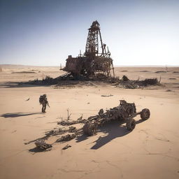 A team of explorers, equipped with survival gear, survey the abandoned wreckage of an old oil field