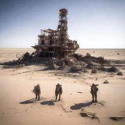 A team of explorers, equipped with survival gear, survey the abandoned wreckage of an old oil field