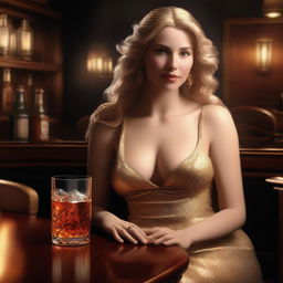 A photorealistic rendering of the Greek goddess Aphrodite, elegantly seated in a dimly lit bar, savoring a glass of whiskey.