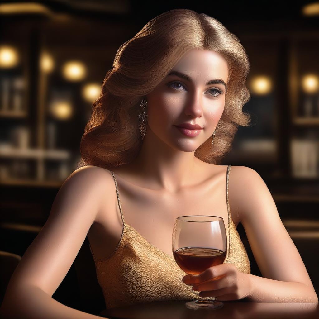 A photorealistic rendering of the Greek goddess Aphrodite, elegantly seated in a dimly lit bar, savoring a glass of whiskey.