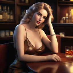 A photorealistic rendering of the Greek goddess Aphrodite, elegantly seated in a dimly lit bar, savoring a glass of whiskey.