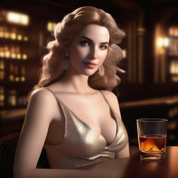 A photorealistic rendering of the Greek goddess Aphrodite, elegantly seated in a dimly lit bar, savoring a glass of whiskey.