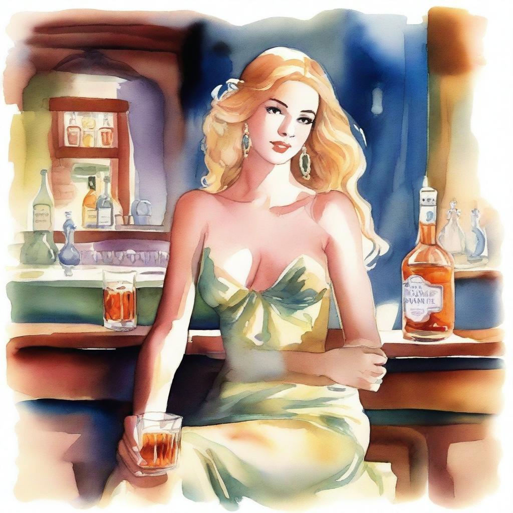 A beautiful watercolor painting of Aphrodite, Greek goddess of love, seated in a classic bar and enjoying a whiskey.