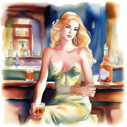 A beautiful watercolor painting of Aphrodite, Greek goddess of love, seated in a classic bar and enjoying a whiskey.