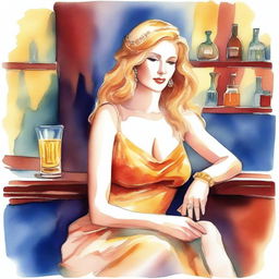 A beautiful watercolor painting of Aphrodite, Greek goddess of love, seated in a classic bar and enjoying a whiskey.