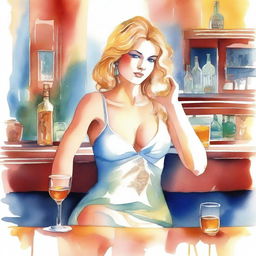 A beautiful watercolor painting of Aphrodite, Greek goddess of love, seated in a classic bar and enjoying a whiskey.