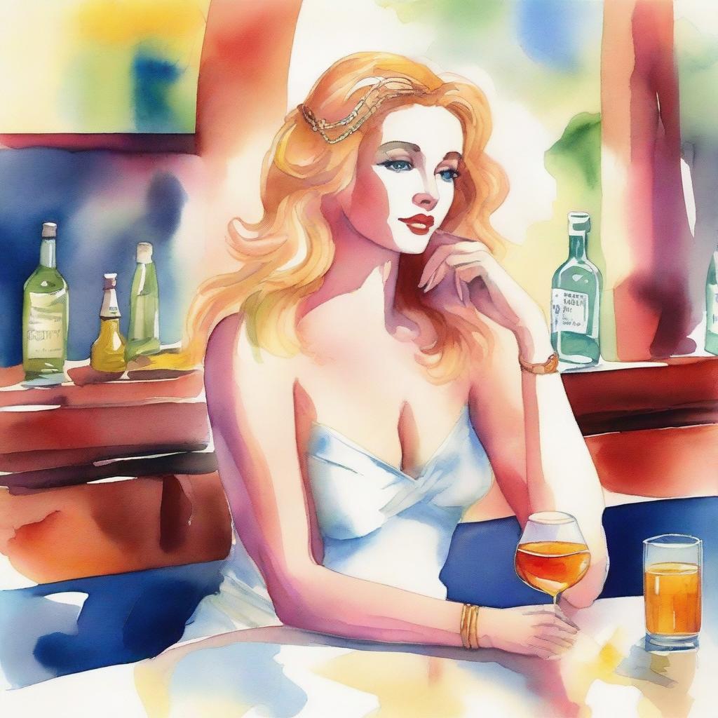 A beautiful watercolor painting of Aphrodite, Greek goddess of love, seated in a classic bar and enjoying a whiskey.