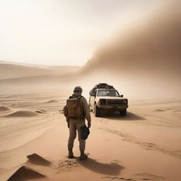 An explorer with survival gear is amid a raging sandstorm in a deserted, hilly area where remains of a large wrecked car park lie