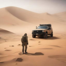 An explorer with survival gear is amid a raging sandstorm in a deserted, hilly area where remains of a large wrecked car park lie