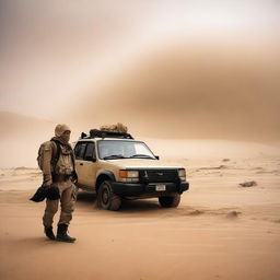 An explorer with survival gear is amid a raging sandstorm in a deserted, hilly area where remains of a large wrecked car park lie