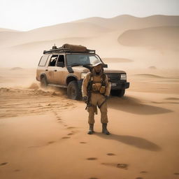 An explorer with survival gear is amid a raging sandstorm in a deserted, hilly area where remains of a large wrecked car park lie