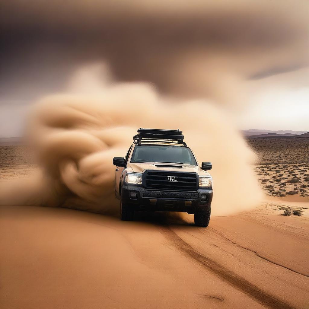 An intrepid explorer drives a robust SUV through the vast, hilly desert, battling a formidable sandstorm