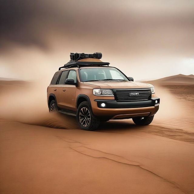 An intrepid explorer drives a robust SUV through the vast, hilly desert, battling a formidable sandstorm