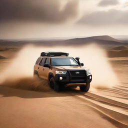 An intrepid explorer drives a robust SUV through the vast, hilly desert, battling a formidable sandstorm