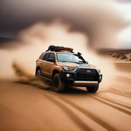 An intrepid explorer drives a robust SUV through the vast, hilly desert, battling a formidable sandstorm