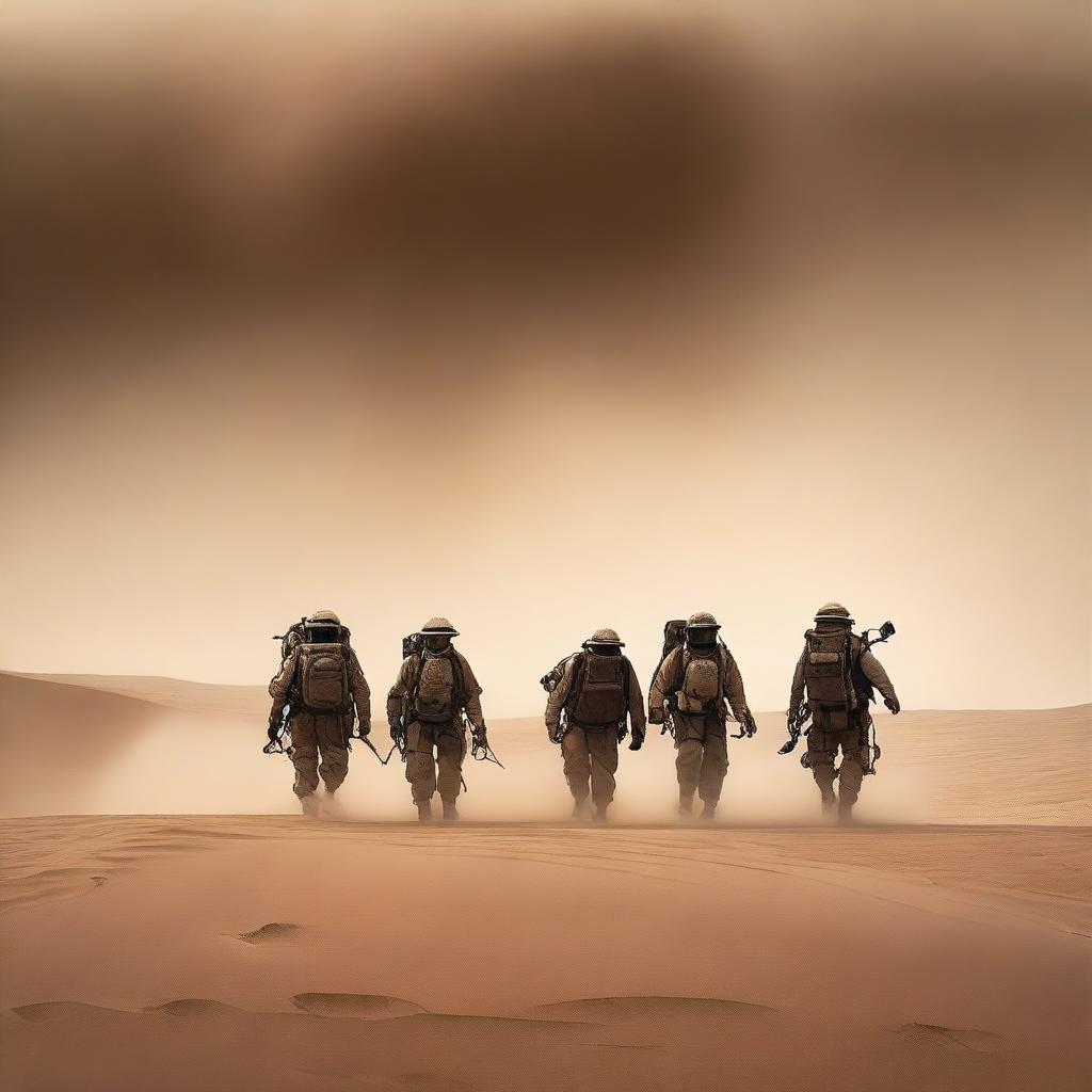 A team of explorers, equipped with survival gear, is suddenly caught in a violent sandstorm in the middle of a vast desert