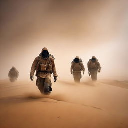 A team of explorers, equipped with survival gear, is suddenly caught in a violent sandstorm in the middle of a vast desert