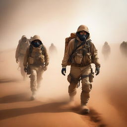 A team of explorers, equipped with survival gear, is suddenly caught in a violent sandstorm in the middle of a vast desert