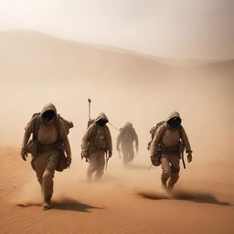 A team of explorers, equipped with survival gear, is suddenly caught in a violent sandstorm in the middle of a vast desert