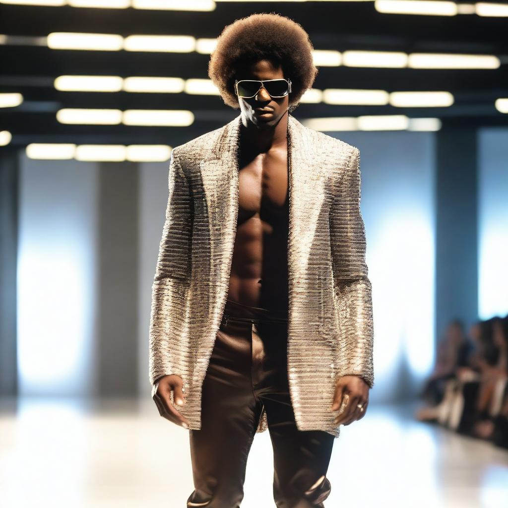 An Afro-American male model, showcasing futuristic designer clothing on a runway at a fashion house under the beams of spotlights