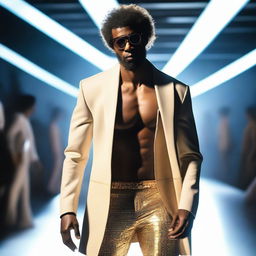 An Afro-American male model, showcasing futuristic designer clothing on a runway at a fashion house under the beams of spotlights