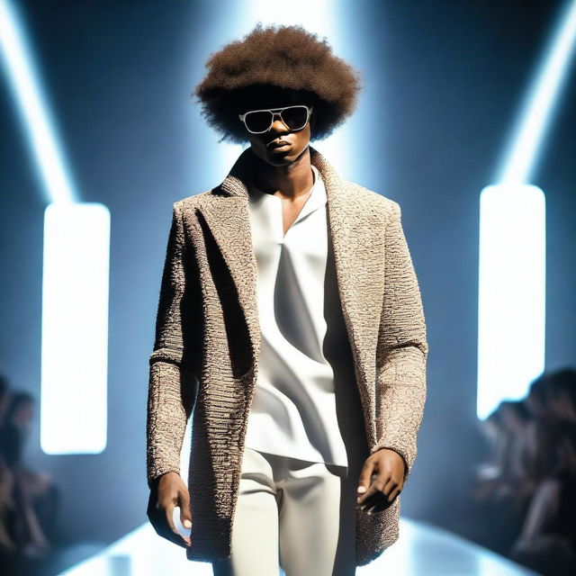 An Afro-American male model, showcasing futuristic designer clothing on a runway at a fashion house under the beams of spotlights