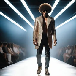 An Afro-American male model, showcasing futuristic designer clothing on a runway at a fashion house under the beams of spotlights