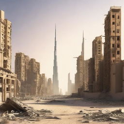 Illustrate the aftermath of a war, rendering the city of Dubai deserted and abandoned