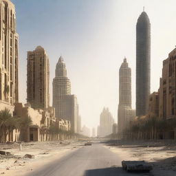 Illustrate the aftermath of a war, rendering the city of Dubai deserted and abandoned