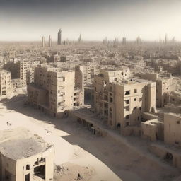 Illustrate the aftermath of a war, rendering the city of Dubai deserted and abandoned