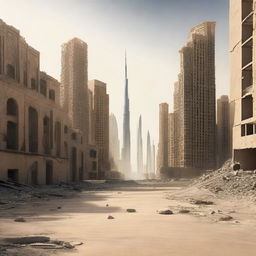 Illustrate the aftermath of a war, rendering the city of Dubai deserted and abandoned