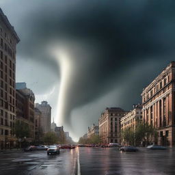 Visualize a dramatic scene where a massive tornado sweeps through the grandest and most luxurious city