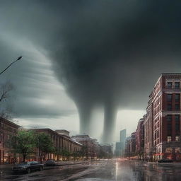 Visualize a dramatic scene where a massive tornado sweeps through the grandest and most luxurious city