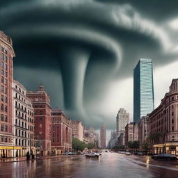 Visualize a dramatic scene where a massive tornado sweeps through the grandest and most luxurious city