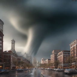 Visualize a dramatic scene where a massive tornado sweeps through the grandest and most luxurious city