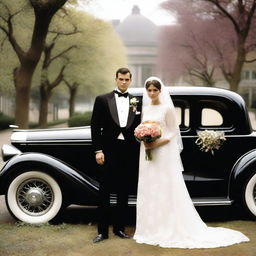 A humorous image of a man in a tuxedo with a bouquet of flowers, standing next to his beloved car, which is adorned with a veil and wedding decorations