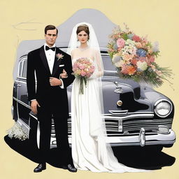 A humorous image of a man in a tuxedo with a bouquet of flowers, standing next to his beloved car, which is adorned with a veil and wedding decorations