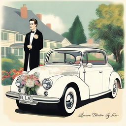 A humorous image of a man in a tuxedo with a bouquet of flowers, standing next to his beloved car, which is adorned with a veil and wedding decorations