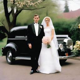 A humorous image of a man in a tuxedo with a bouquet of flowers, standing next to his beloved car, which is adorned with a veil and wedding decorations