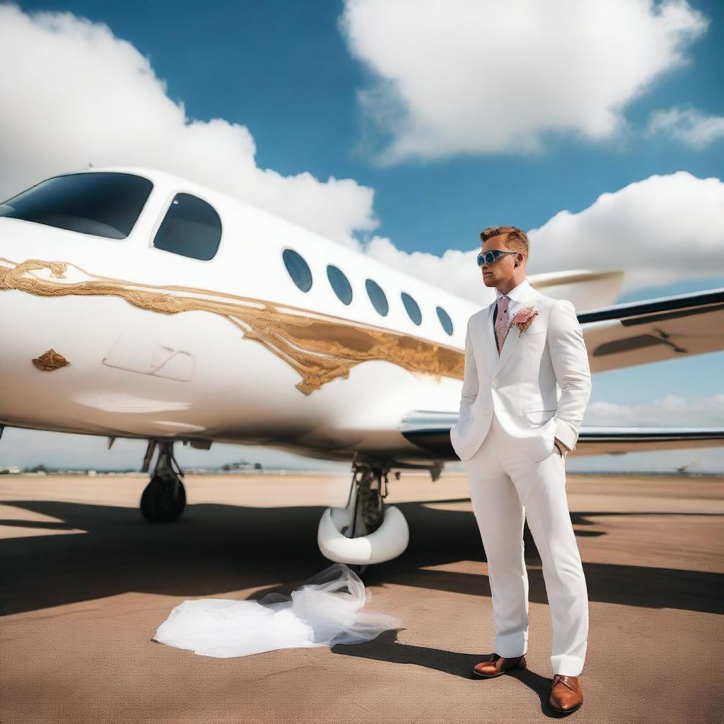 A playful image of a man in a wedding suit, standing next to his luxuriously appointed private plane