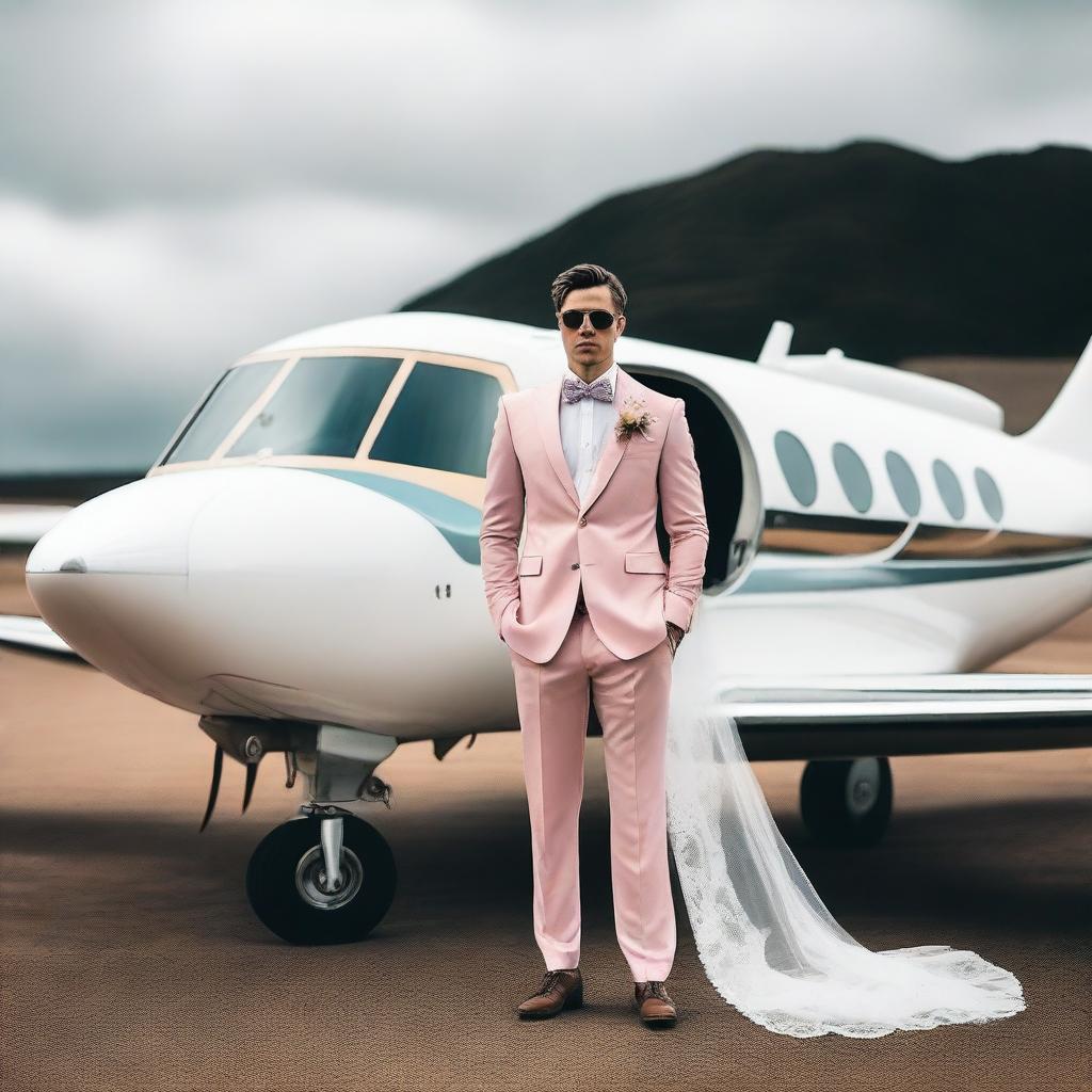 A playful image of a man in a wedding suit, standing next to his luxuriously appointed private plane