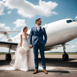 A playful image of a man in a wedding suit, standing next to his luxuriously appointed private plane