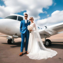 A playful image of a man in a wedding suit, standing next to his luxuriously appointed private plane