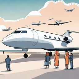 Illustrate a quirky scene where private jets symbolically express love for humans