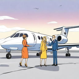 Illustrate a quirky scene where private jets symbolically express love for humans