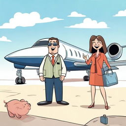 Illustrate a quirky scene where private jets symbolically express love for humans